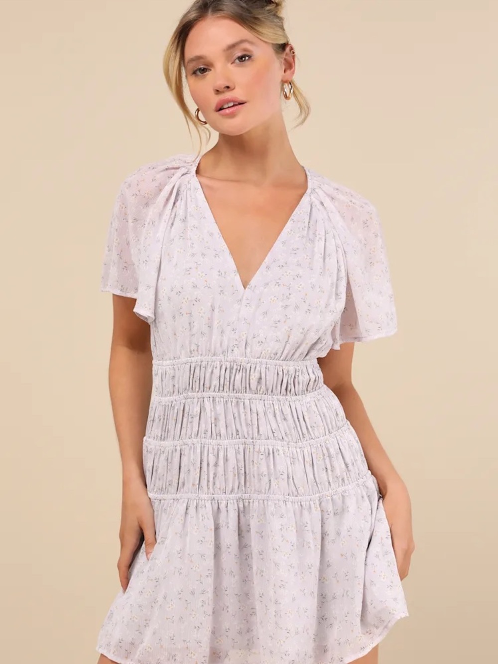 Lulu's Pale Lilac Floral V-Neck Smocked Tiered Mini Dress